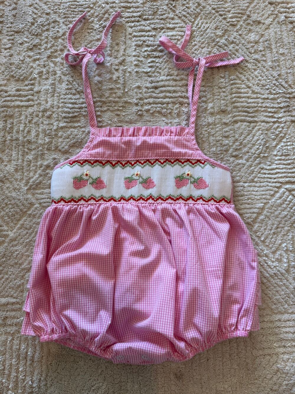 Stitchy Fish Baby Girl Pink Gingham Smocked Strawberry Bubble Romper Size 9M